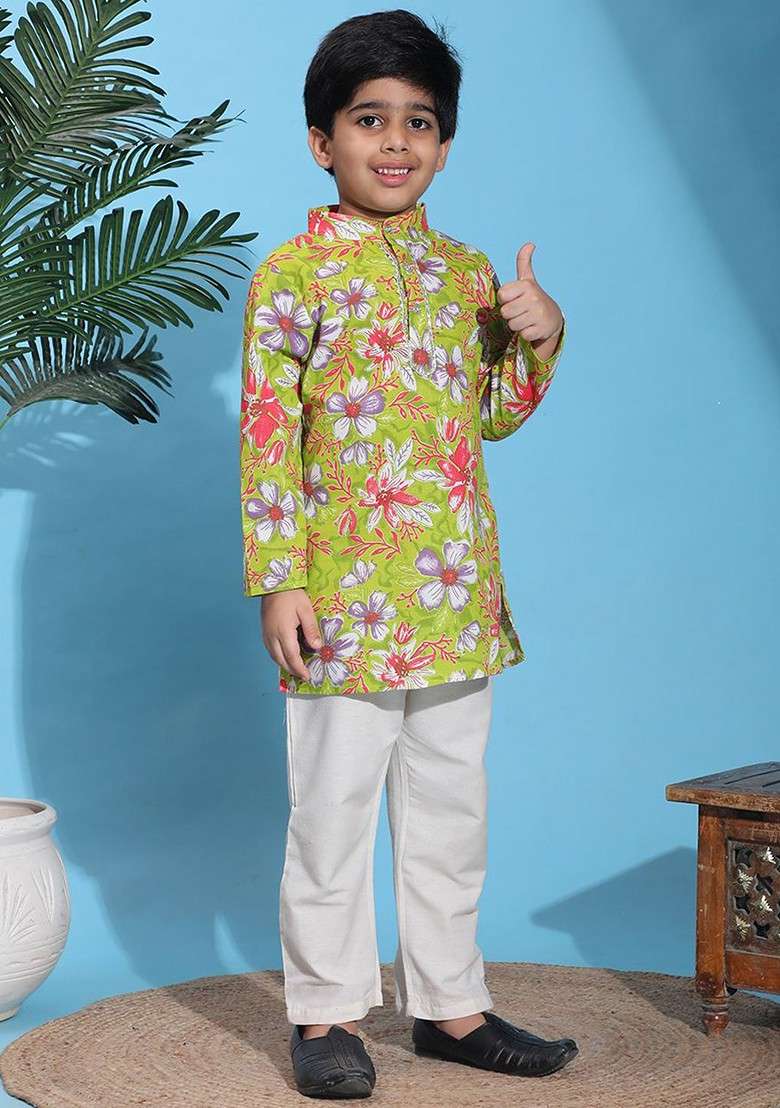 Green Printed Blended Kurta Set For Boys - Indya