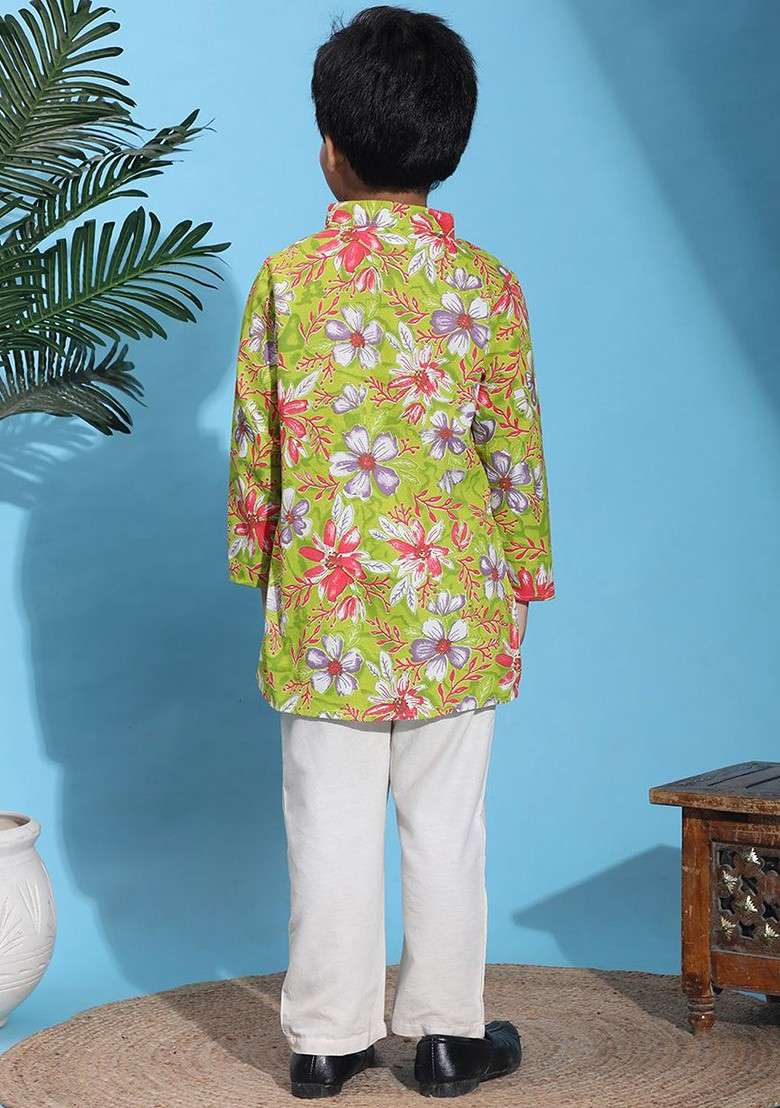 Green Printed Blended Kurta Set For Boys - Indya