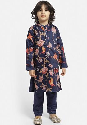 Navy Blue Printed Blended Kurta Set For Boys