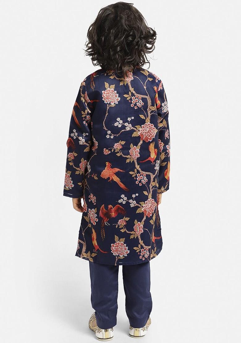 Navy Blue Printed Blended Kurta Set For Boys - Indya