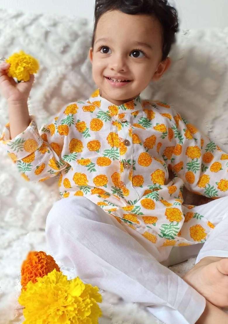 Orange Printed Cotton Kurta Set For Boys - Indya