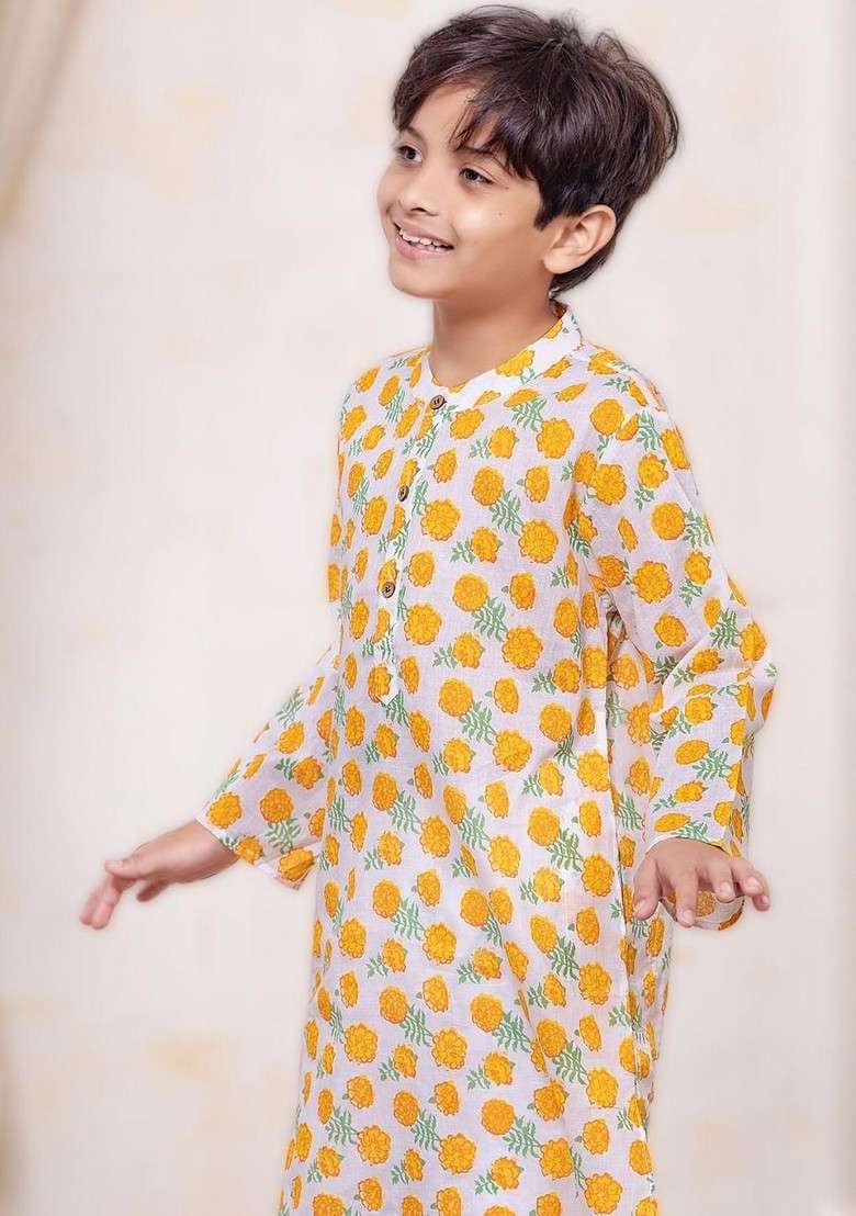 Orange Printed Cotton Kurta Set For Boys - Indya