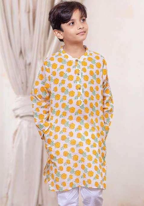 Orange Printed Cotton Kurta Set For Boys