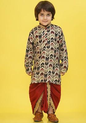 Beige Printed Cotton Kurta Dhoti Set For Boys