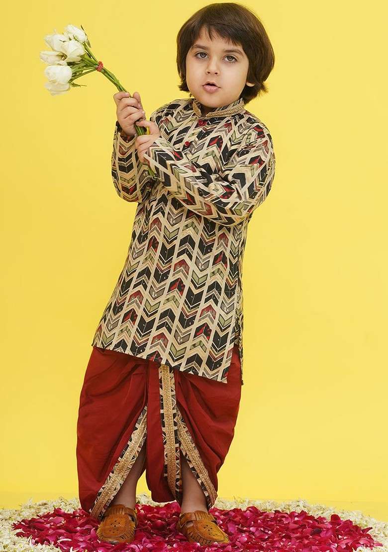 Beige Printed Cotton Kurta Dhoti Set For Boys - Indya