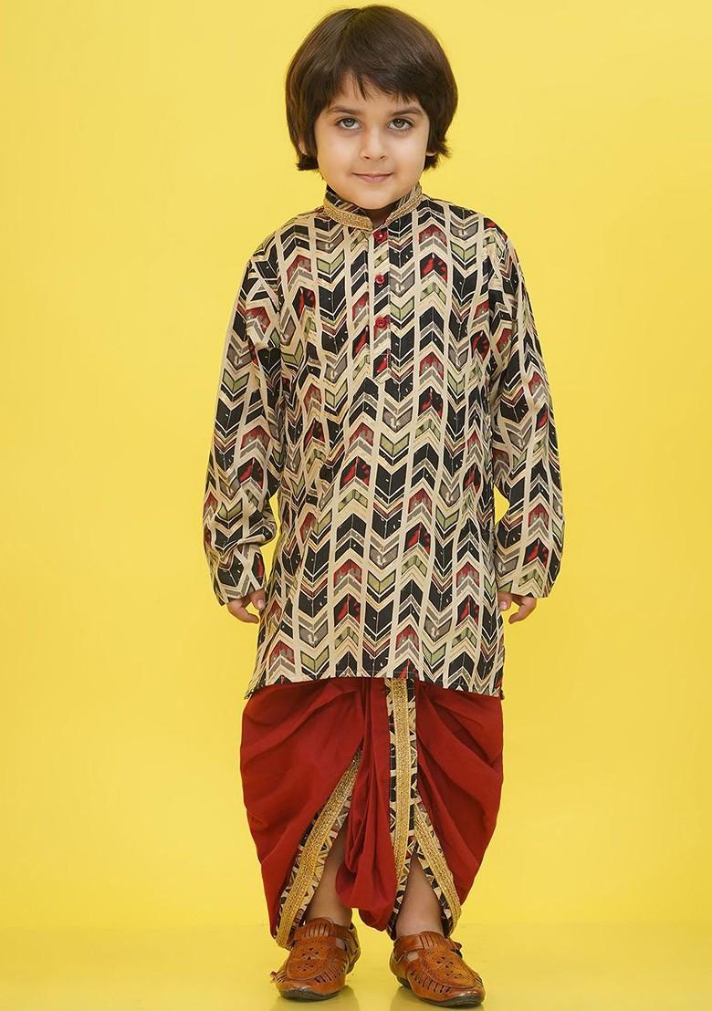 Beige Printed Cotton Kurta Dhoti Set For Boys - Indya