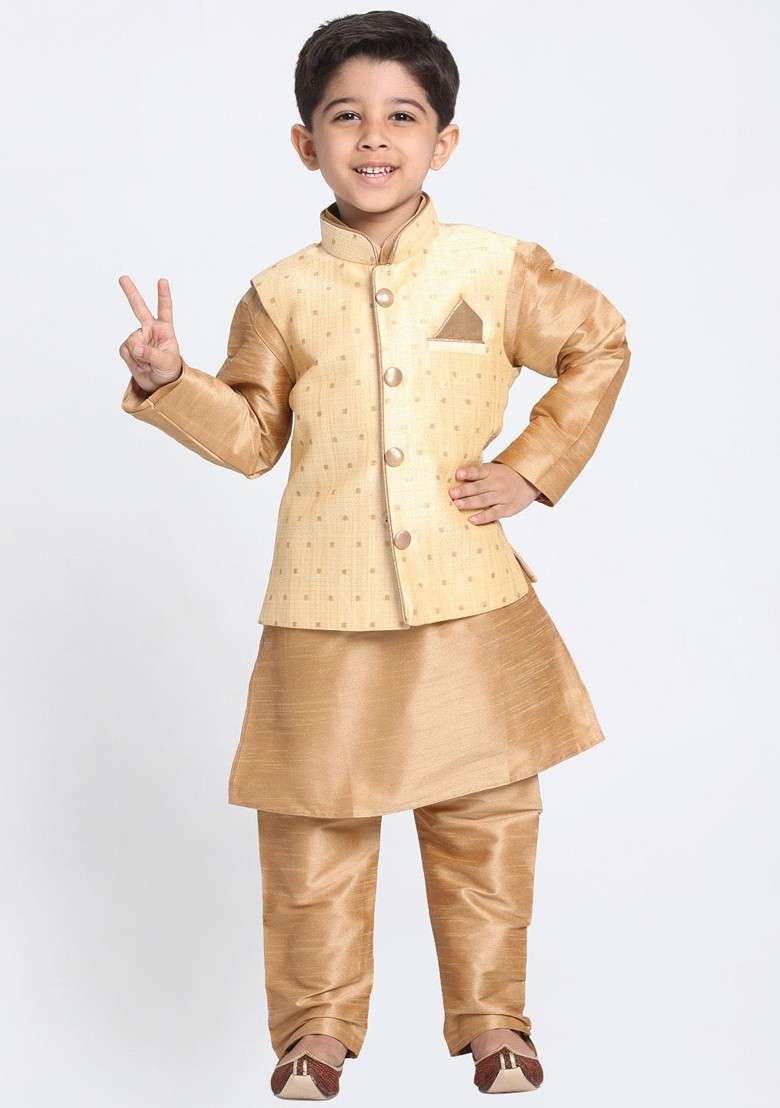 Gold Embroidered Blended Nehru Jacket Set For Boys - Indya