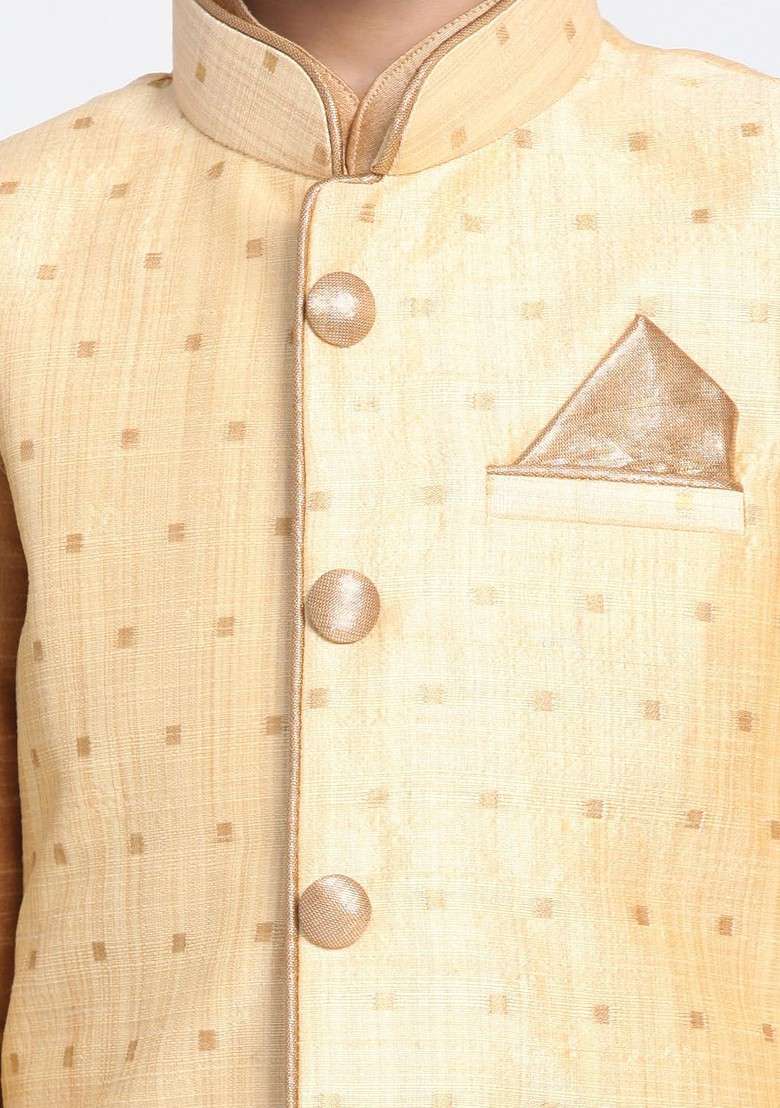 Gold Embroidered Blended Nehru Jacket Set For Boys - Indya