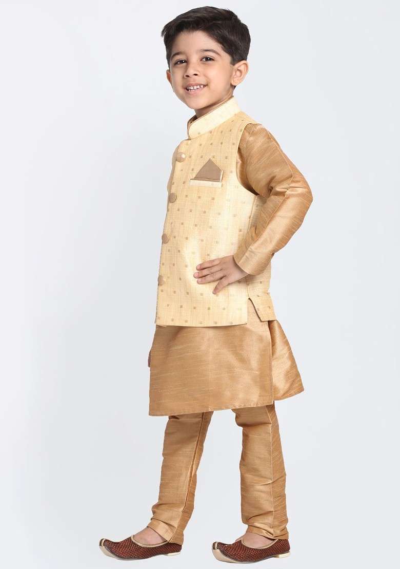 Gold Embroidered Blended Nehru Jacket Set For Boys - Indya