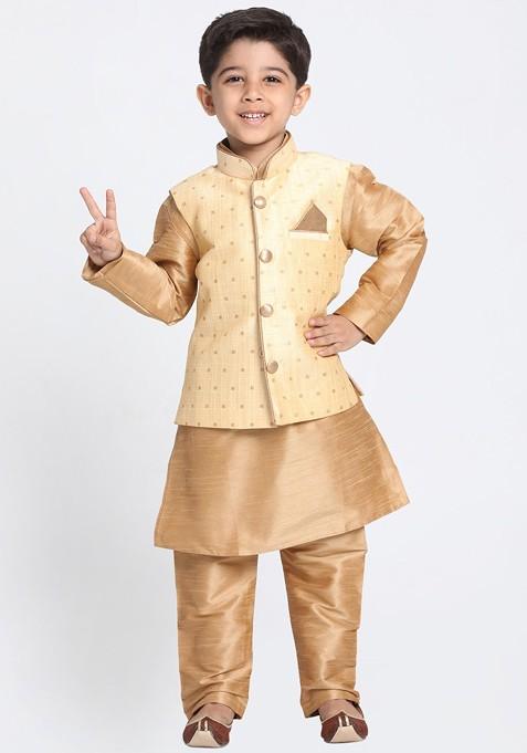 Gold Embroidered Blended Nehru Jacket Set For Boys