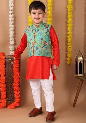 Red Printed Cotton Kurta Set For Boys