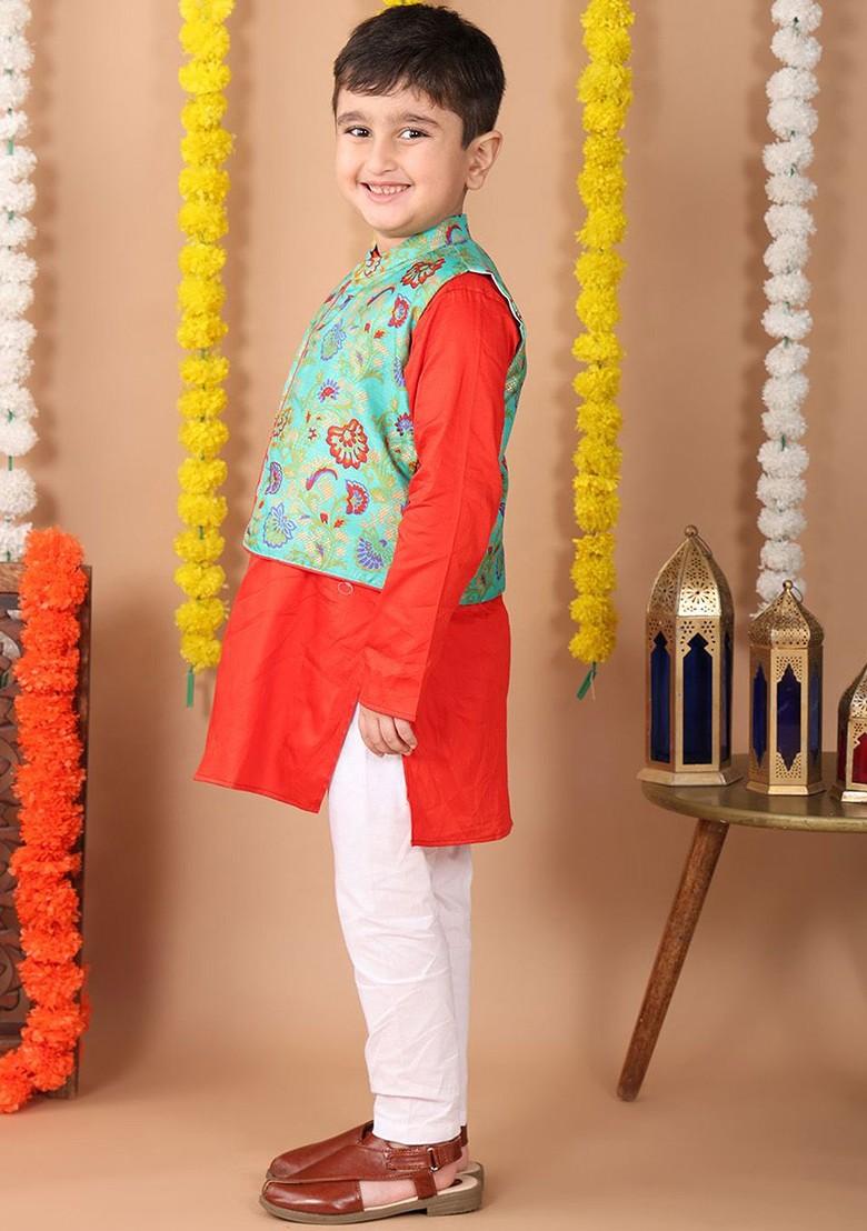 Red Printed Cotton Kurta Set For Boys - Indya