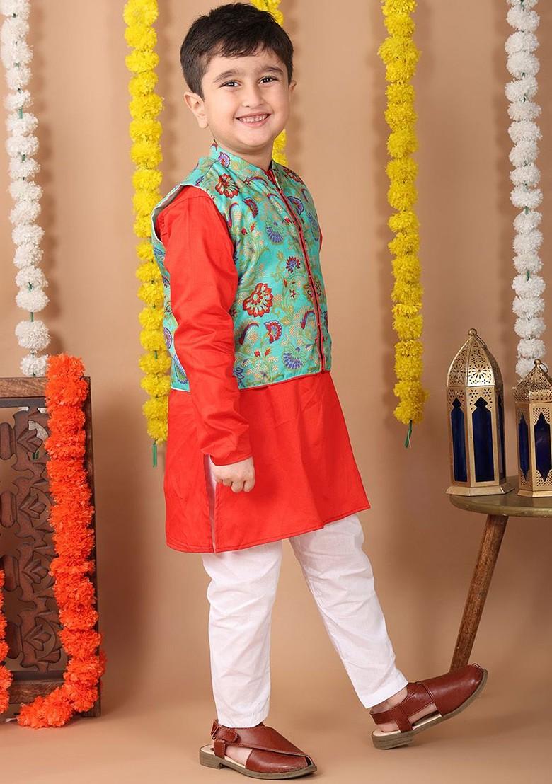 Red Printed Cotton Kurta Set For Boys - Indya