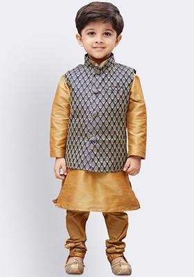 Gold Solid Blended Nehru Jacket Set For Boys