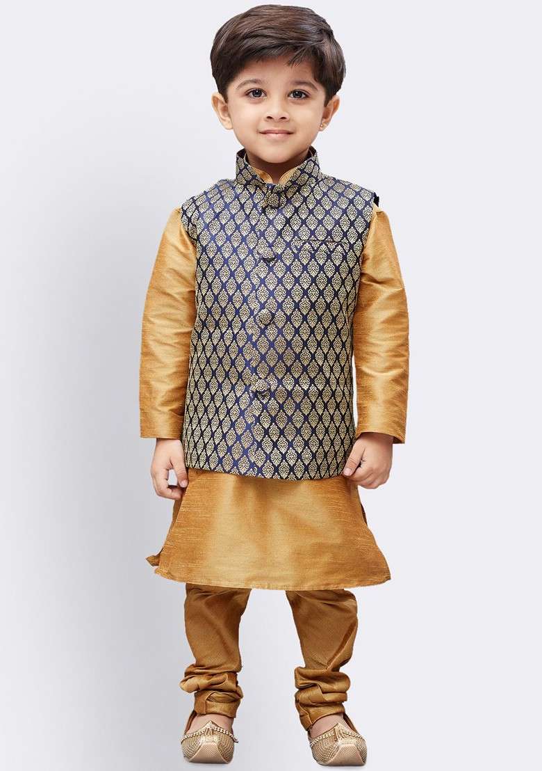 Gold Solid Blended Nehru Jacket Set For Boys - Indya