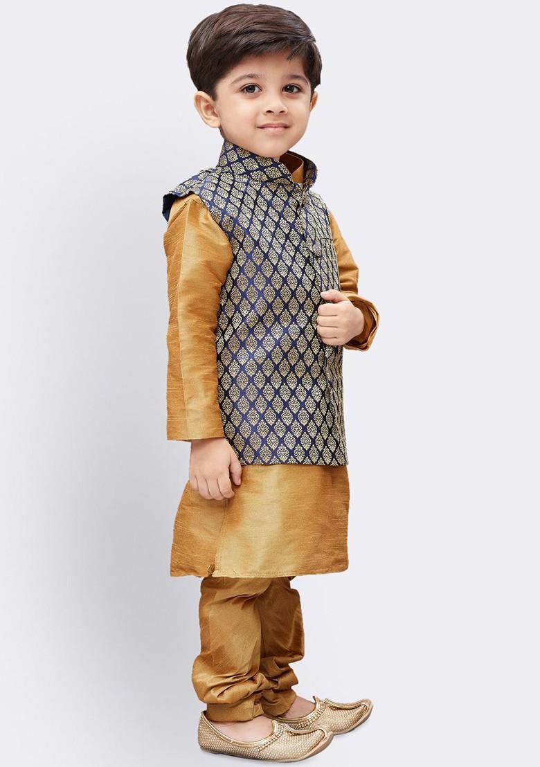 Gold Solid Blended Nehru Jacket Set For Boys - Indya
