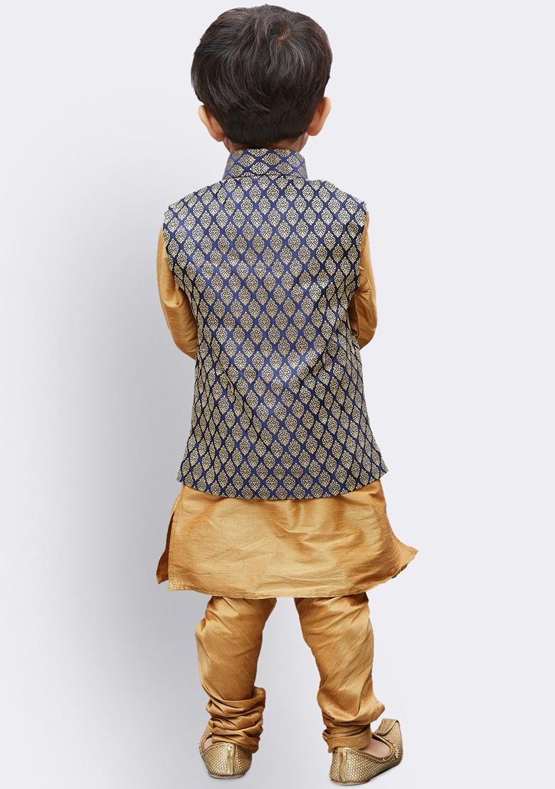 Gold Solid Blended Nehru Jacket Set For Boys - Indya
