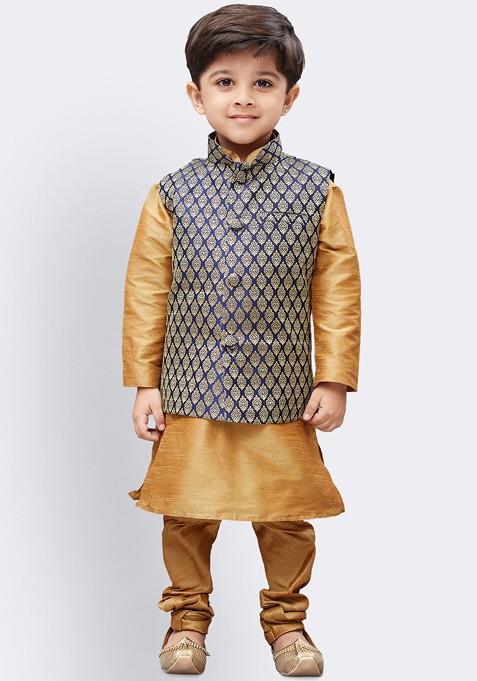 Gold Solid Blended Nehru Jacket Set For Boys