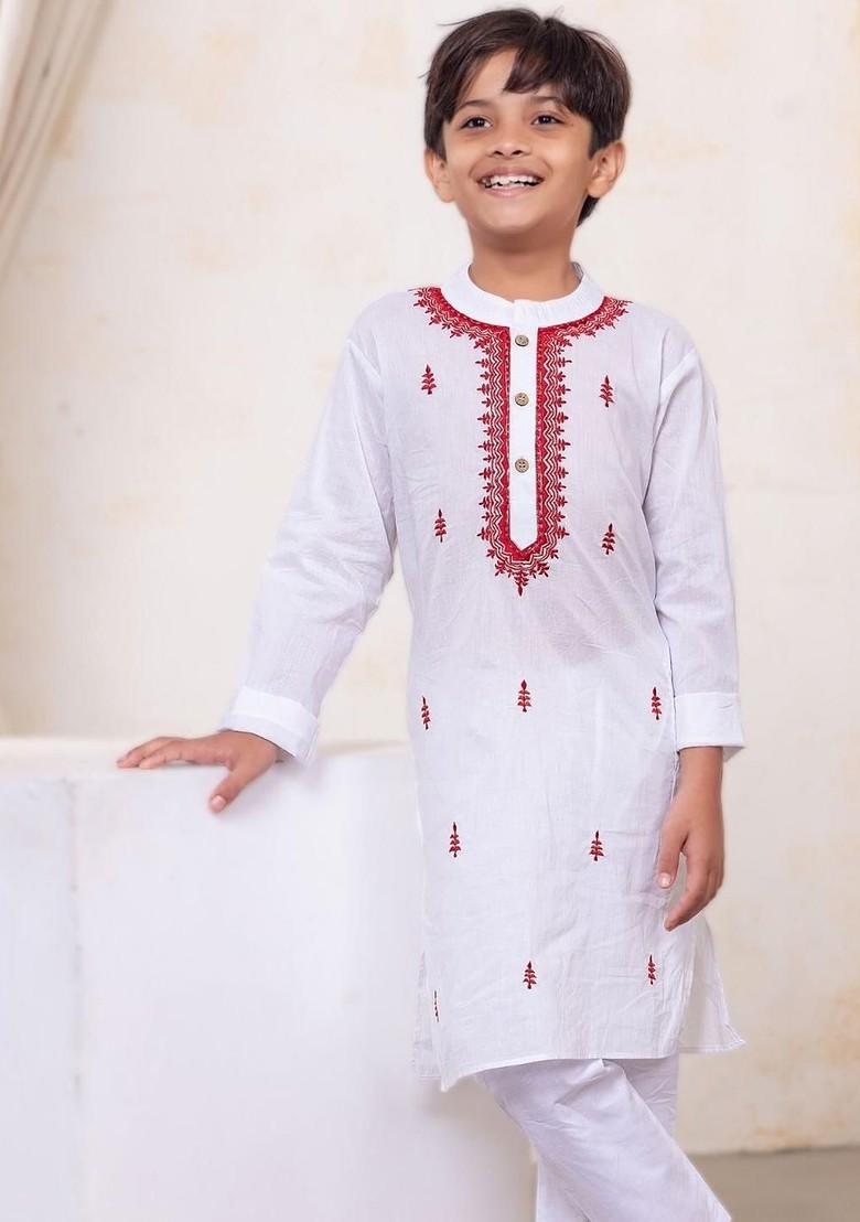 White Embroidered Blended Kurta Set For Boys - Indya