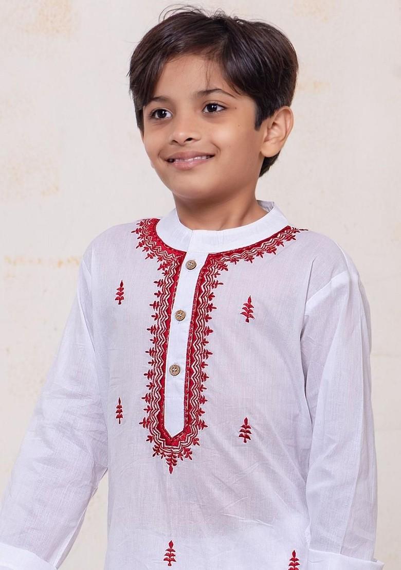 White Embroidered Blended Kurta Set For Boys - Indya