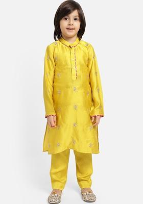 Yellow Embroidered Blended Kurta Set For Boys