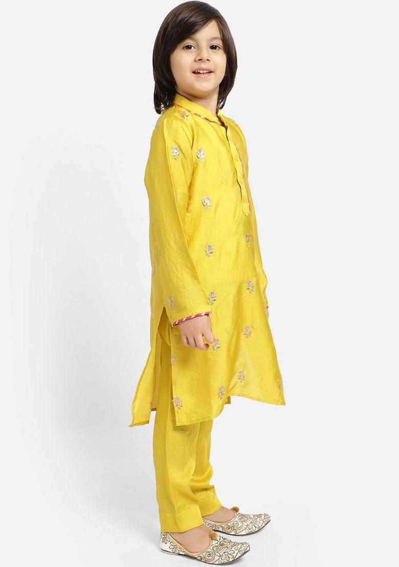 Yellow Embroidered Blended Kurta Set For Boys - Indya