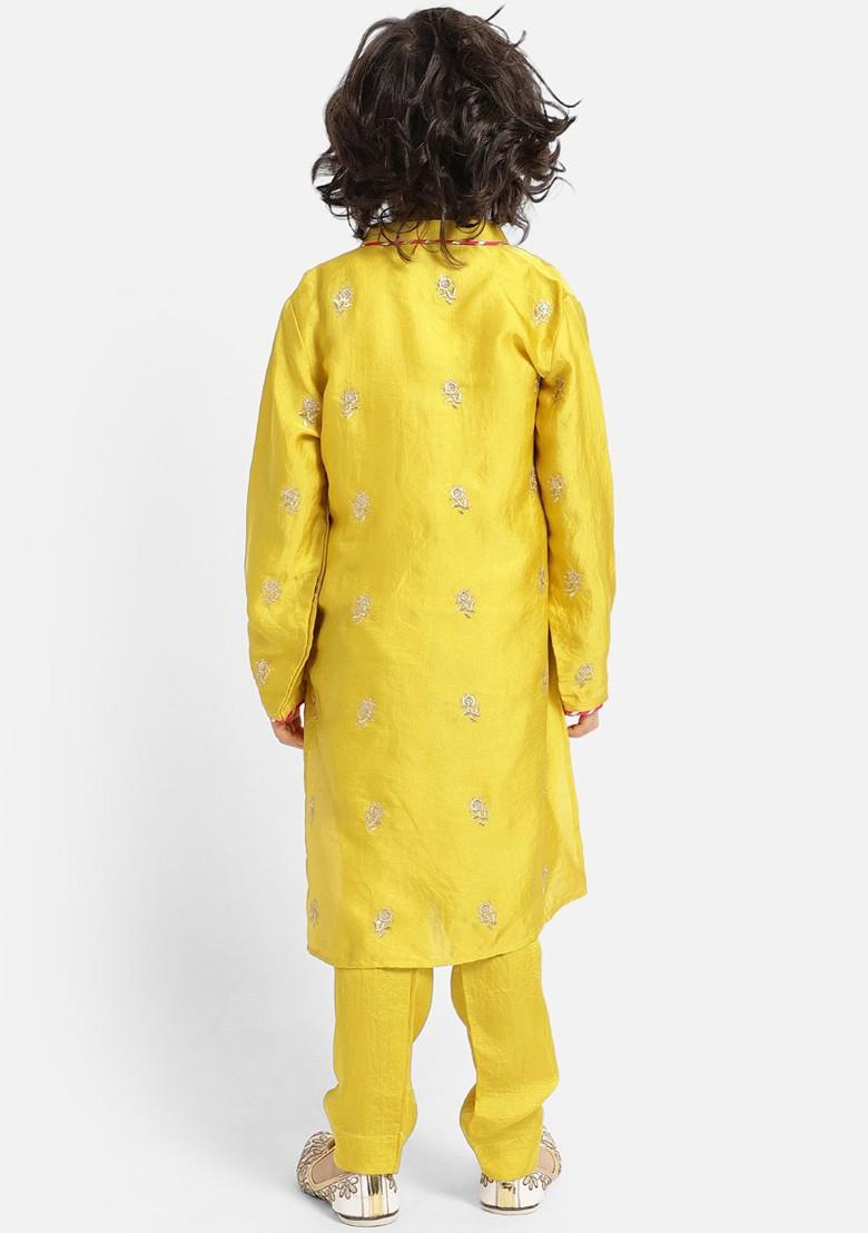 Yellow Embroidered Blended Kurta Set For Boys - Indya