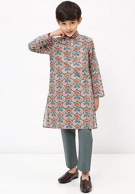 Grey Floral Cotton Kurta Set For Boys