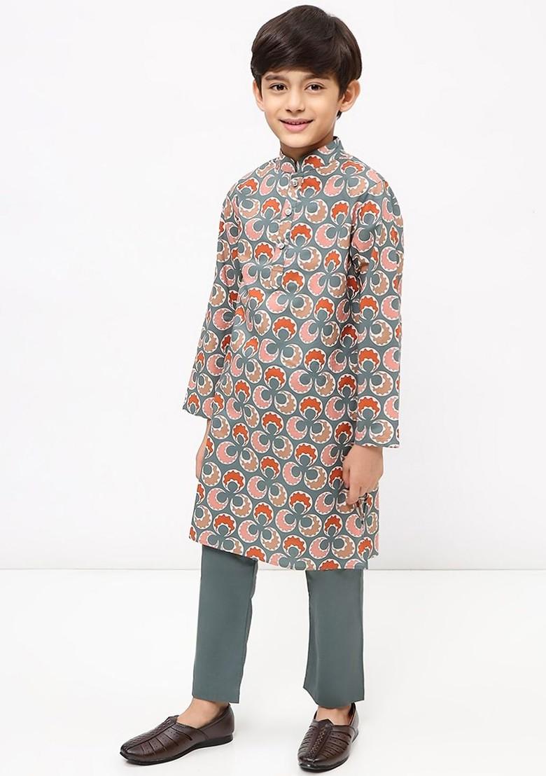 Grey Floral Cotton Kurta Set For Boys - Indya