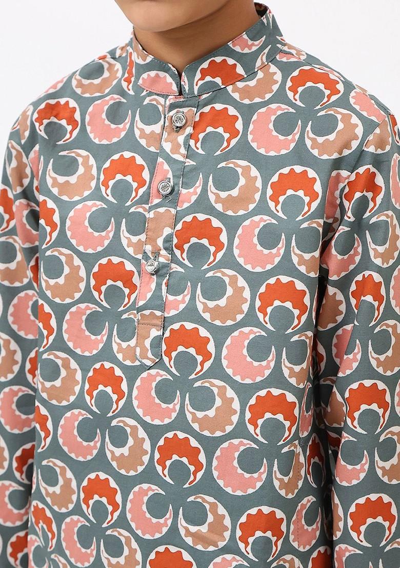 Grey Floral Cotton Kurta Set For Boys - Indya