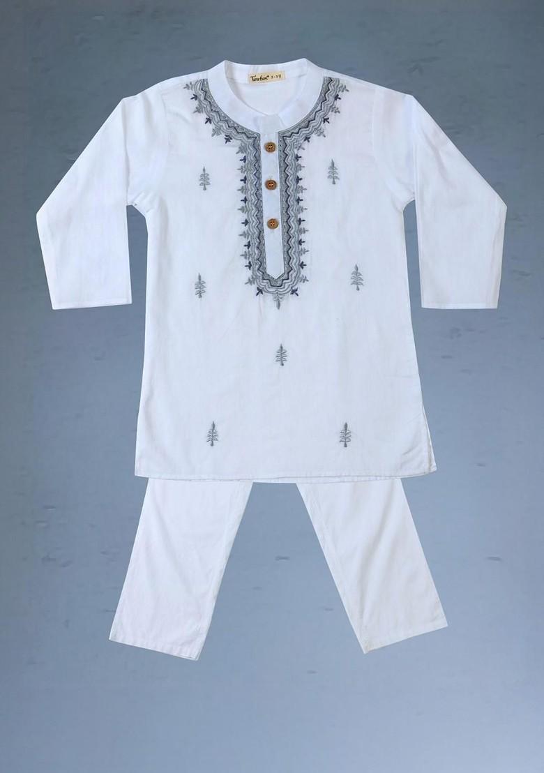 White Embroidered Blended Kurta Set For Boys - Indya