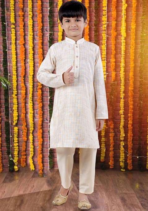 Cream Woven Design Cotton Kurta Set For Boys