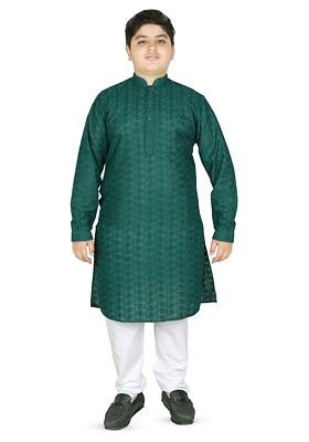 Green Embroidered Blended Kurta Set For Boys