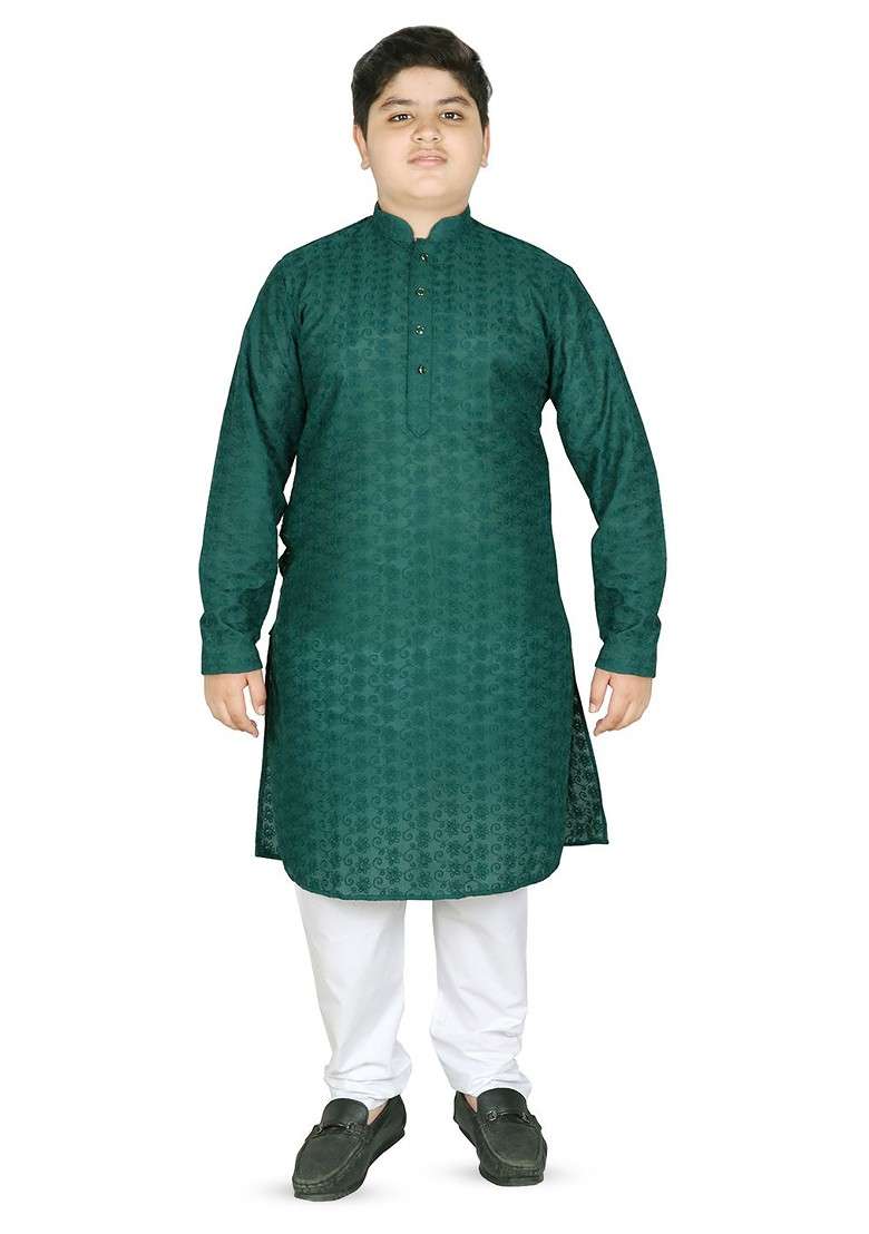 Green Embroidered Blended Kurta Set For Boys - Indya