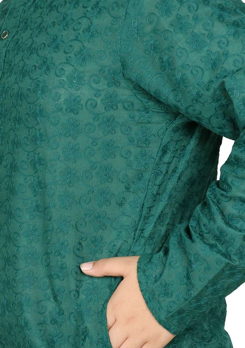 Green Embroidered Blended Kurta Set For Boys - Indya