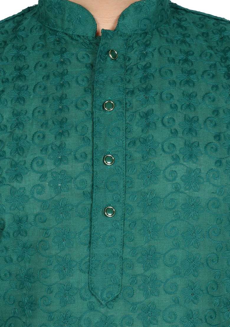 Green Embroidered Blended Kurta Set For Boys - Indya