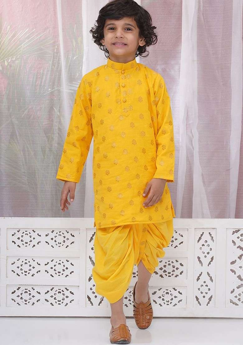 Yellow Embroidered Cotton Kurta Dhoti Set For Boys - Indya