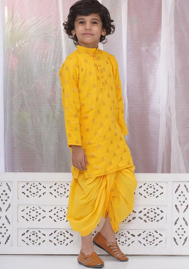 Yellow Embroidered Cotton Kurta Dhoti Set For Boys - Indya