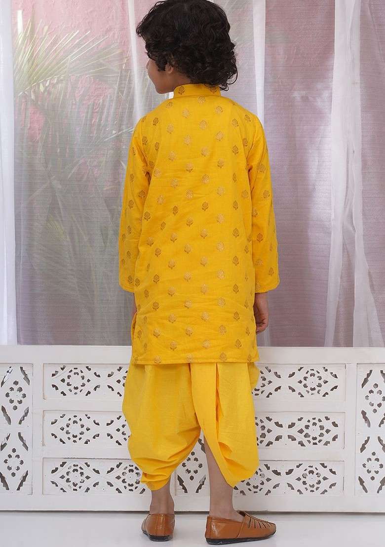 Yellow Embroidered Cotton Kurta Dhoti Set For Boys - Indya