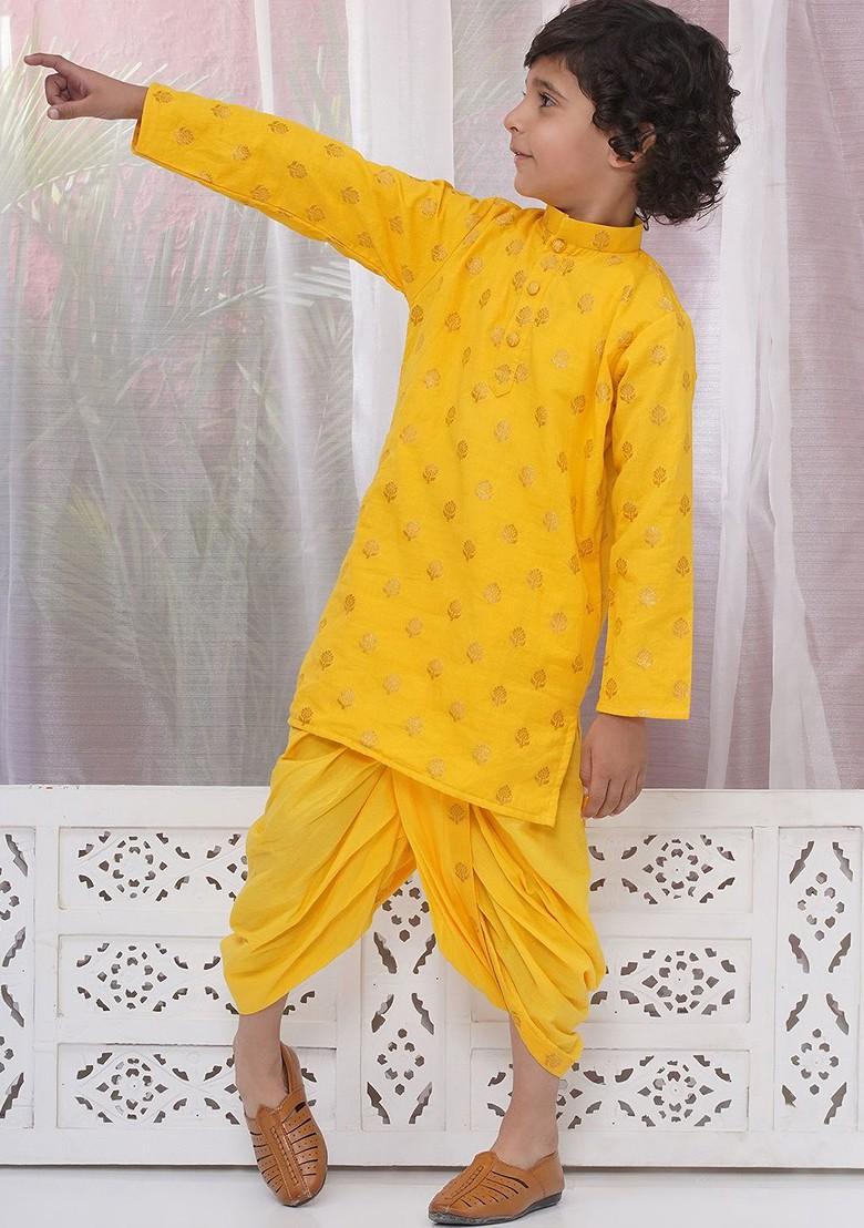 Yellow Embroidered Cotton Kurta Dhoti Set For Boys - Indya
