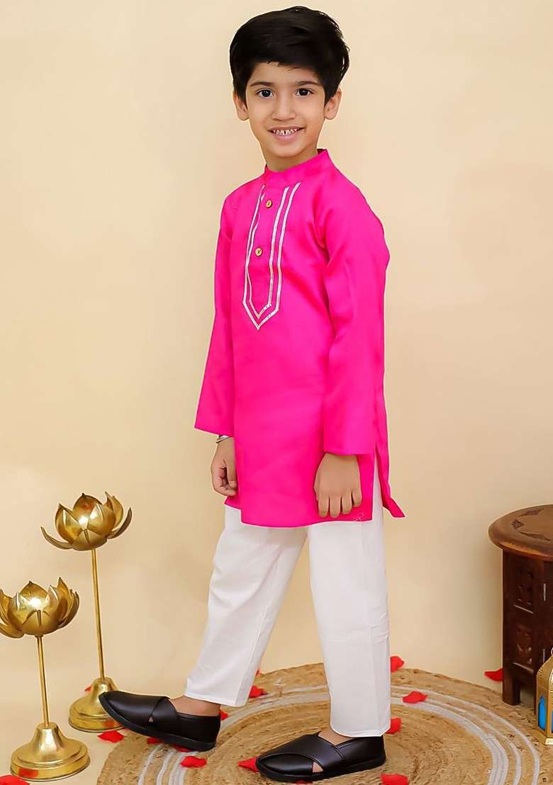 Pink Solid Cotton Kurta Set For Boys - Indya