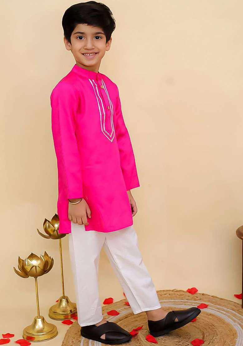 Pink Solid Cotton Kurta Set For Boys - Indya