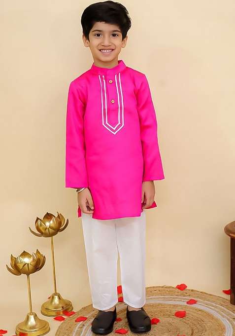 Pink Solid Cotton Kurta Set For Boys