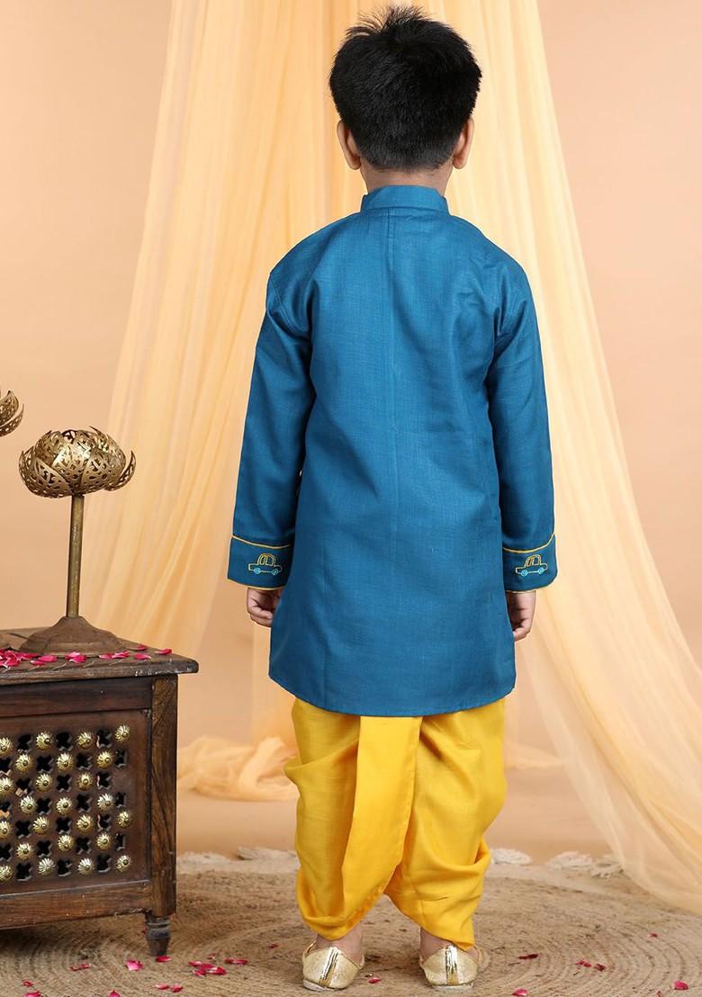 Blue Embroidered Cotton Kurta Dhoti Set For Boys - Indya