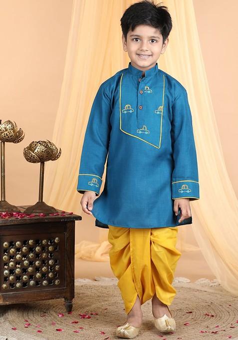 Blue Embroidered Cotton Kurta Dhoti Set For Boys — view on Indya