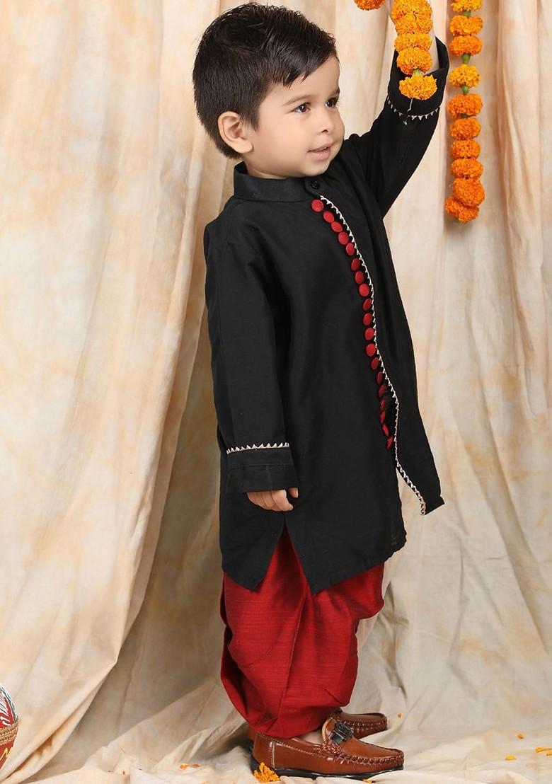 Black Gotta Patti Work Cotton Kurta Dhoti Set For Boys - Indya