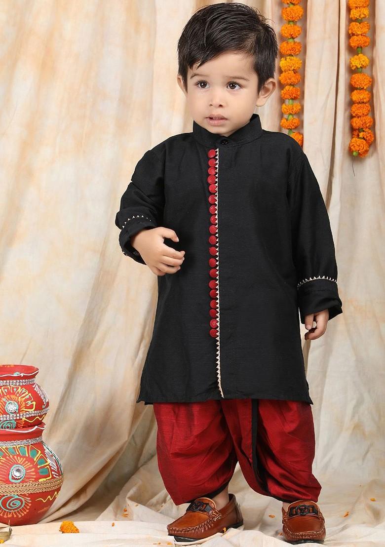 Black Gotta Patti Work Cotton Kurta Dhoti Set For Boys - Indya