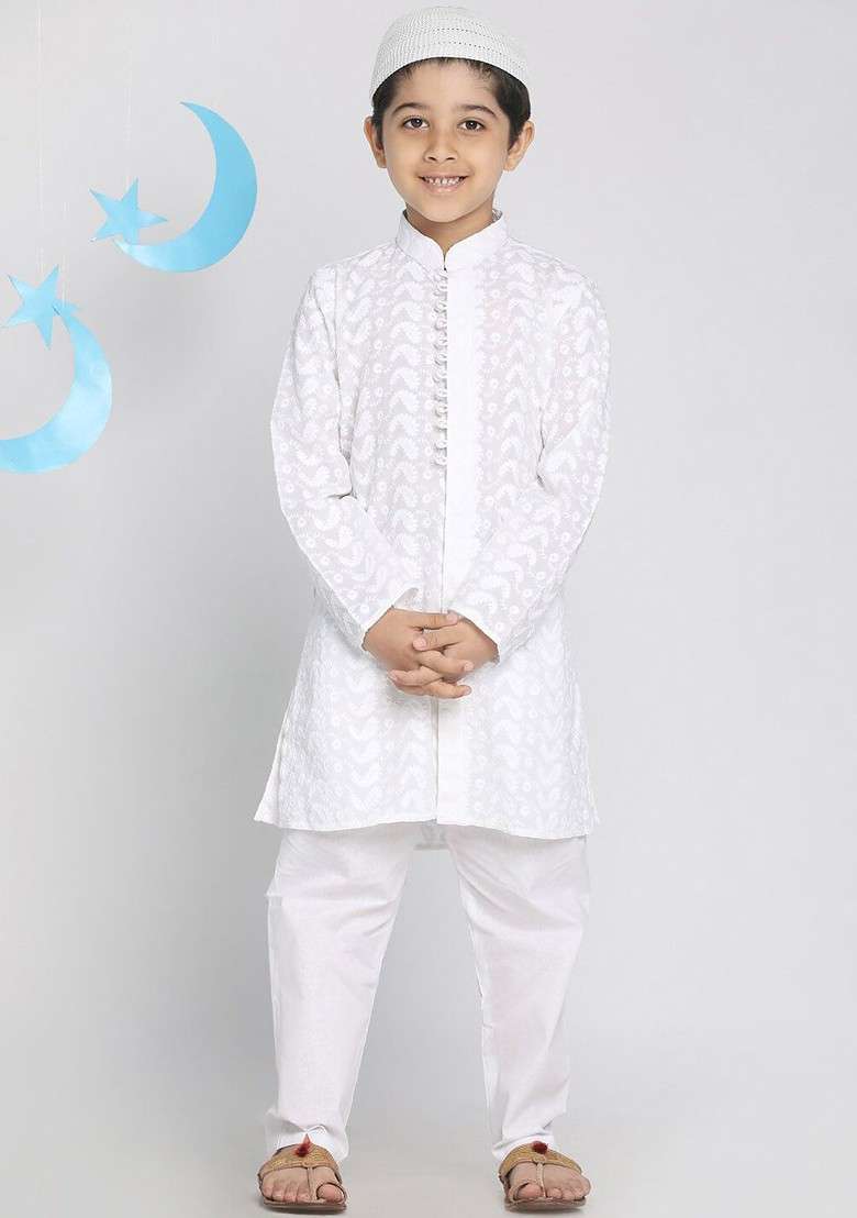 White Thread Work Cotton Kurta Set For Boys - Indya