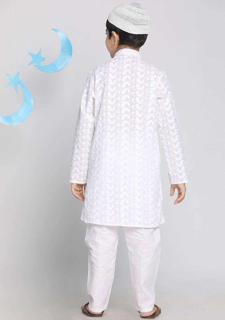 White Thread Work Cotton Kurta Set For Boys - Indya