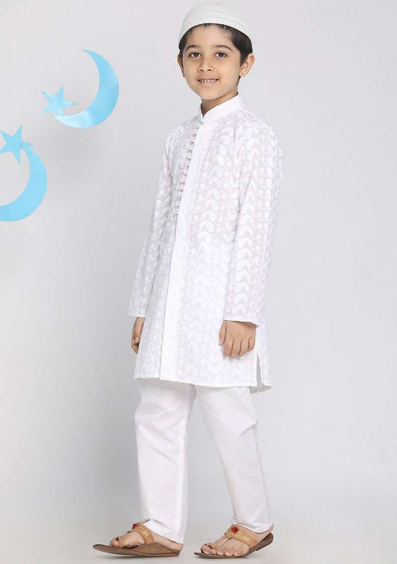 White Thread Work Cotton Kurta Set For Boys - Indya
